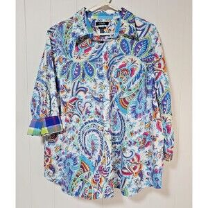 Chaps Womens Button Up Paisley Shirt Size 2X 3/4 Sleeve Contrasting Plaid Cuff